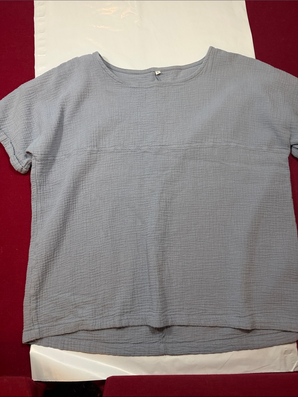 GRAY linen cotton gauzy Tunic short rolled cuff sleeves shirt round neck women L